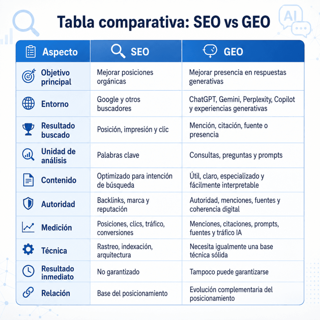 Infografía con tabla comparativa de SEO vs GEO y sus diferencias en objetivos, medición, contenido, autoridad y presencia en buscadores e IA.